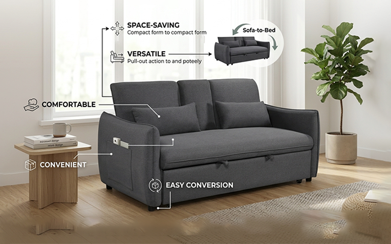 Prague 2-Seater Convertible Sofa Bed with Cup Holder & Accent Pillows (dark grey)